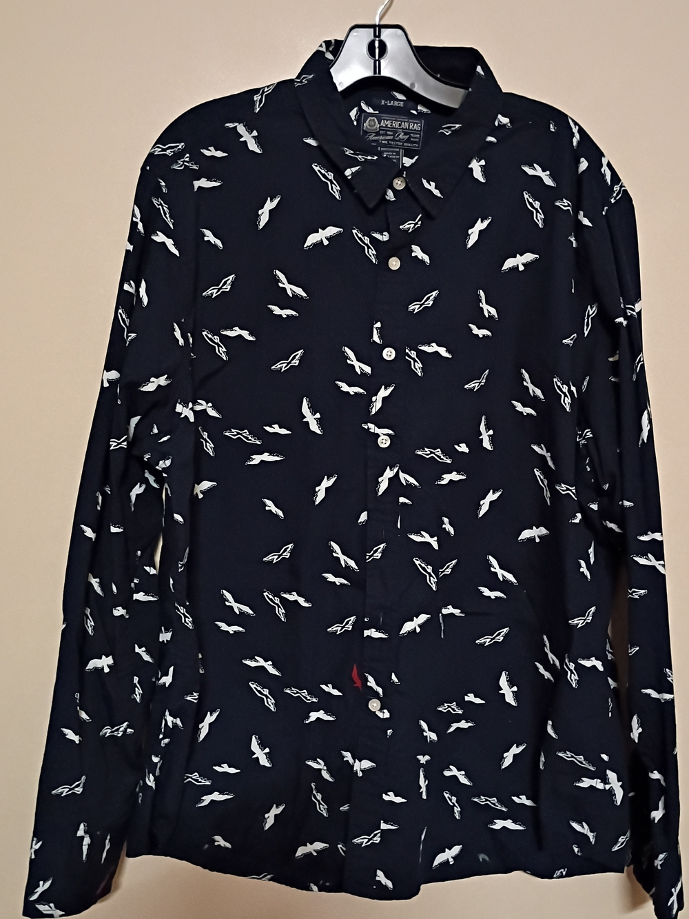 American Rag Navy Button-Up Shirt with White Bird Print Size XL